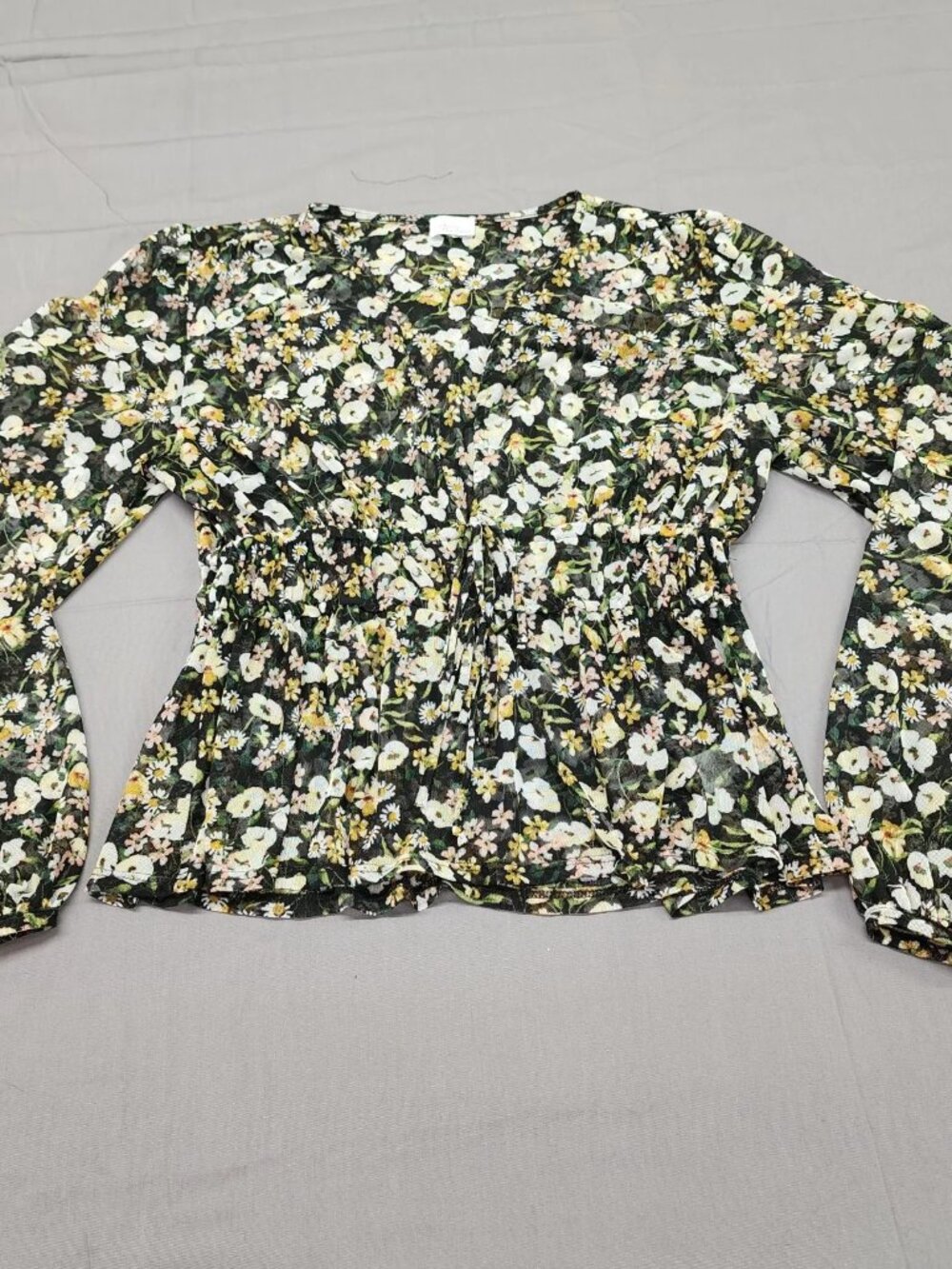 Madison Berkeley Womens S Black Floral Sheer Mesh Smocked V Neck Peplum Blouse